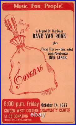 Dave Van Ronk Huntington Beach 1977 Original Concert Flyer Poster Rare Blues