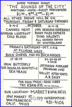 Jimi Hendrix Rick Griffin Authentic Fillmore Concert Show Back Handbill 1968
