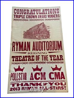 Ryman Auditorium 2013 Triple Crown Award Winning Hatch Show Print