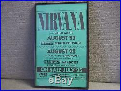 Vtg 92 Rare Nirvana Framed Concert Flyer Poster Seattle Portland 1st Pressing NR