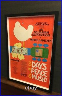 Woodstock Poster Framed Original Tickets & Wood Stage Piece Music Concert Vg-fn